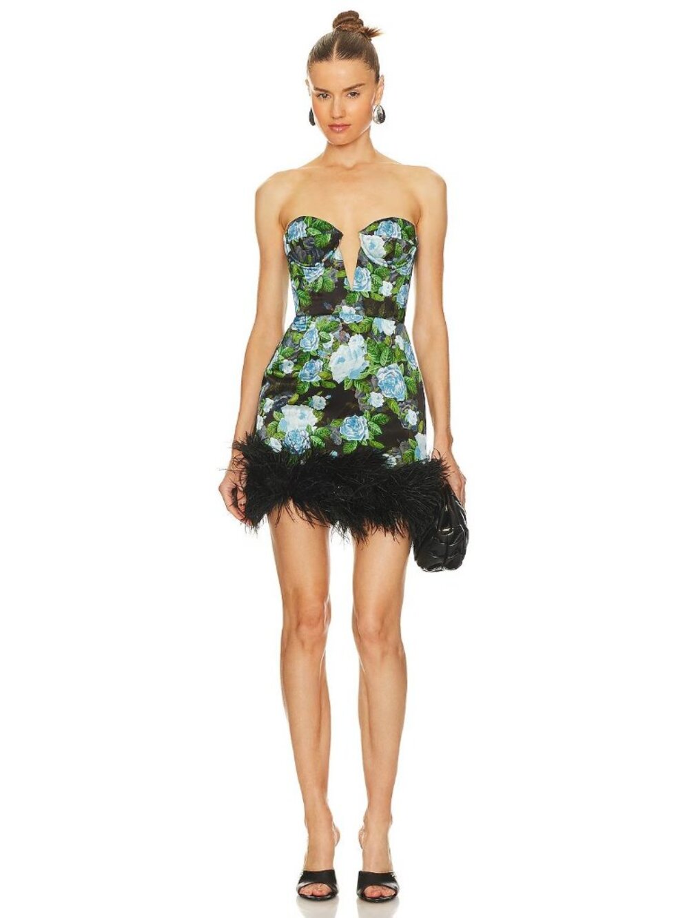 Sau Lee Monroe Feather Trim Dress Black Multi Womens Size 2